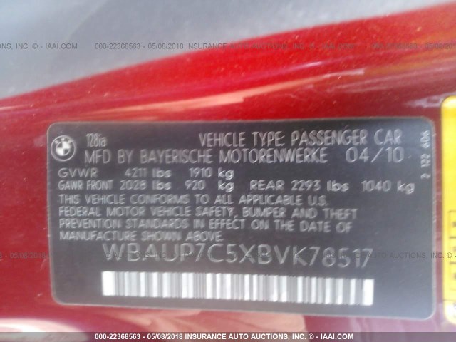 WBAUP7C5XBVK78517 - 2011 BMW 128 I RED photo 9