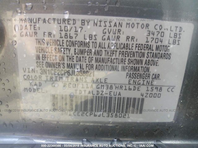 3N1CE2CP6JL358021 - 2018 NISSAN VERSA NOTE S/S PLUS/SV/SL/SR GRAY photo 9