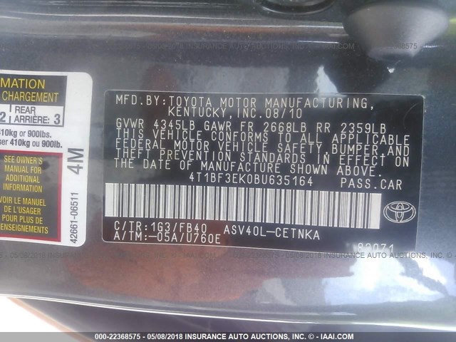 4T1BF3EK0BU635164 - 2011 TOYOTA CAMRY SE/LE/XLE ნარინჯისფერი ფოტო 9