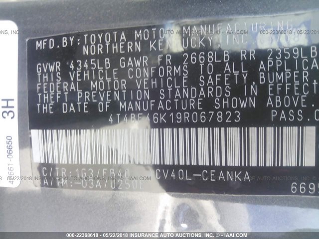 4T4BE46K19R067823 - 2009 TOYOTA CAMRY SE/LE/XLE 灰色 照片 9