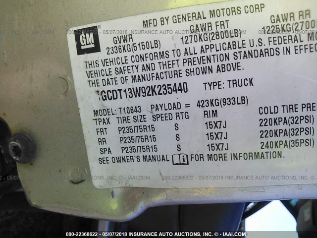 1GCDT13W92K235440 - 2002 CHEVROLET S TRUCK S10 SILVER photo 9