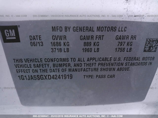 1G1JA5SGXD4241919 - 2013 CHEVROLET SONIC LS 白色 照片 9