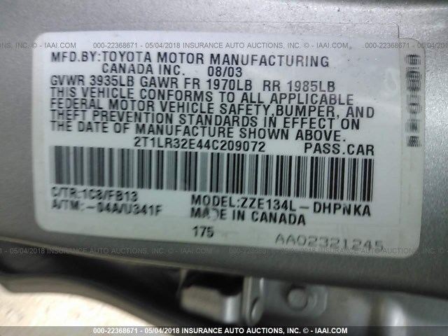 2T1LR32E44C209072 - 2004 TOYOTA COROLLA MATRIX XR SILVER photo 9