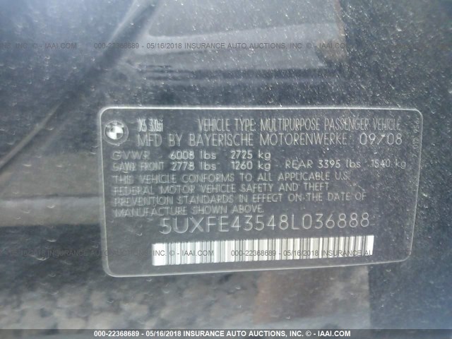5UXFE43548L036888 - 2008 BMW X5 3.0I BLACK photo 9