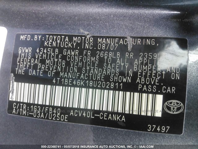 4T1BE46K18U202811 - 2008 TOYOTA CAMRY CE/LE/XLE/SE GRAY photo 9