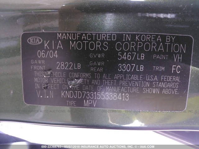 KNDJD733155338413 - 2005 KIA SORENTO EX/LX GREEN photo 9