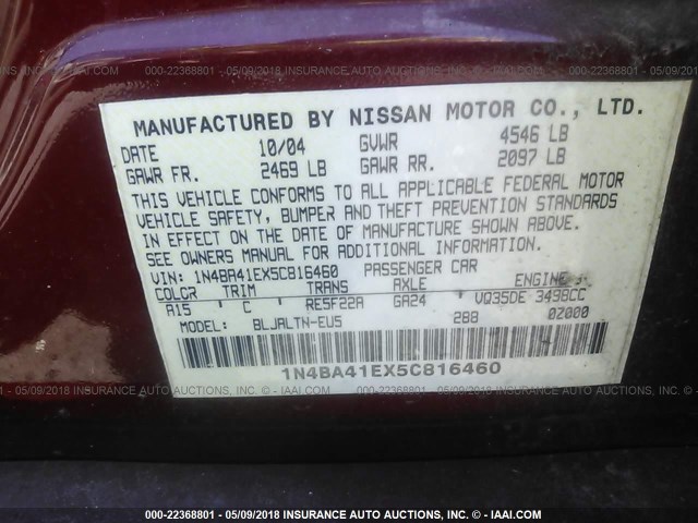 1N4BA41EX5C816460 - 2005 NISSAN MAXIMA SE/SL RED photo 9