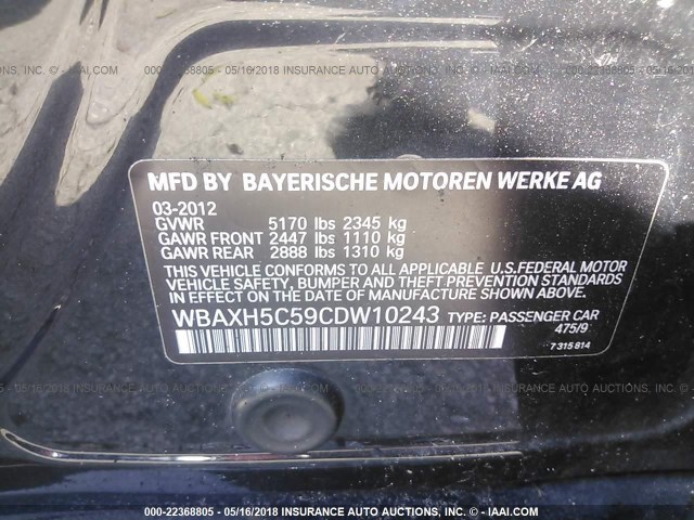 WBAXH5C59CDW10243 - 2012 BMW 528 XI BLACK photo 9