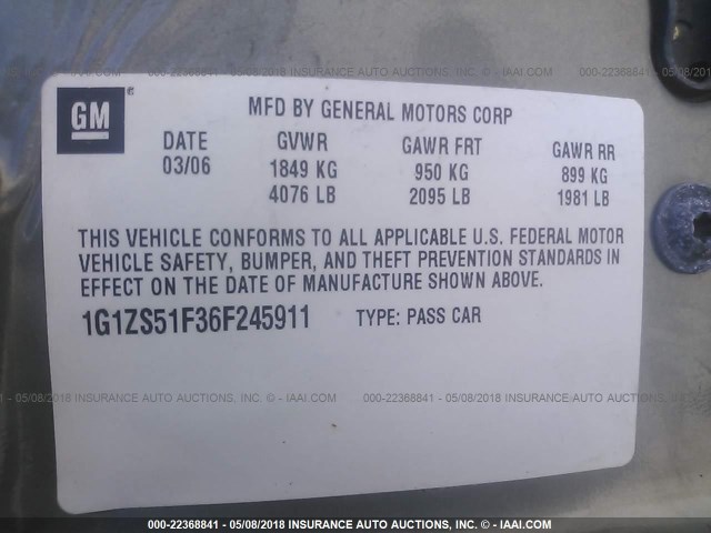 1G1ZS51F36F245911 - 2006 CHEVROLET MALIBU LS GREEN photo 9