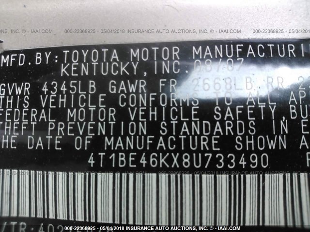 4T1BE46KX8U733490 - 2008 TOYOTA CAMRY CE/LE/XLE/SE BEIGE photo 9