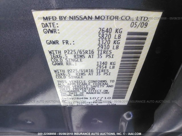 5N1BV28U49N107710 - 2009 NISSAN QUEST S/SE/SL GRAY photo 9