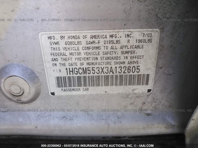 1HGCM553X3A132605 - 2003 HONDA ACCORD LX SILVER photo 9