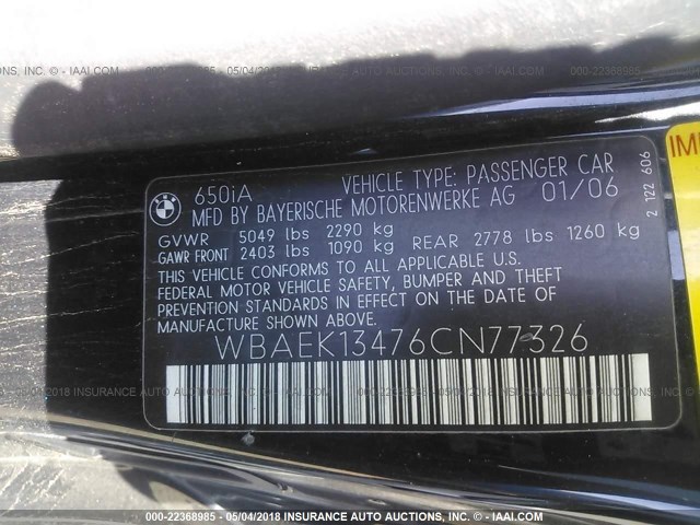 WBAEK13476CN77326 - 2006 BMW 650 I BLACK photo 9