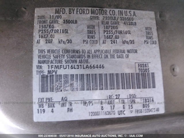 1FMFU16L31LA66446 - 2001 FORD EXPEDITION XLT ბეჟი ფოტო 9