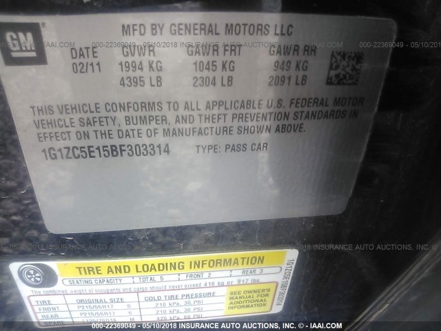 1G1ZC5E15BF303314 - 2011 CHEVROLET MALIBU 1LT BLUE photo 9