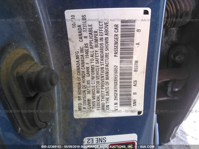 2HGFA1F6XBH516052 - 2011 HONDA CIVIC LX-S 蓝色 照片 9