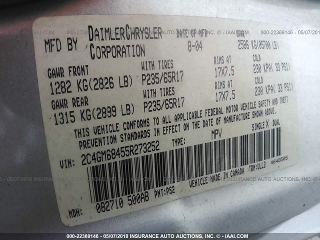 2C4GM68455R273252 - 2005 CHRYSLER PACIFICA TOURING SILVER photo 9