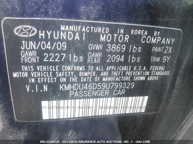 KMHDU46D59U799329 - 2009 HYUNDAI ELANTRA GLS/SE BLUE photo 9