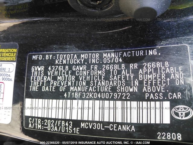 4T1BF32K04U079722 - 2004 TOYOTA CAMRY LE/XLE/SE შავი ფოტო 9