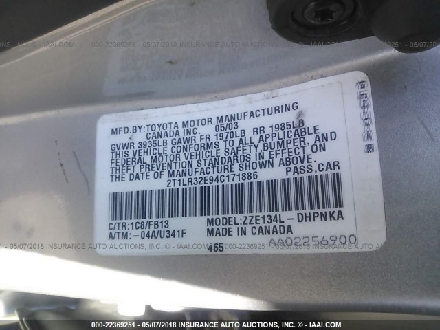 2T1LR32E94C171886 - 2004 TOYOTA COROLLA MATRIX XR SILVER photo 9