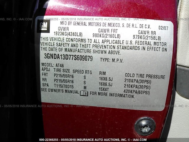 3GNDA13D77S609079 - 2007 CHEVROLET HHR LS RED photo 9