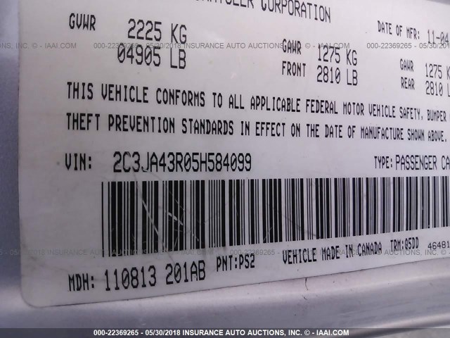 2C3JA43R05H584099 - 2005 CHRYSLER 300 SILVER photo 9