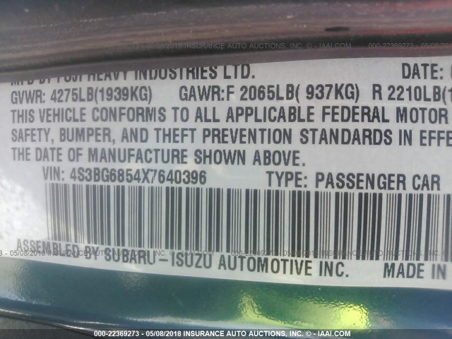 4S3BG6854X7640396 - 1999 SUBARU LEGACY OUTBACK/SSV/LIMITED/30TH Açıq mavi foto 9