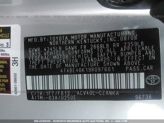 4T4BE46K19R097601 - 2009 TOYOTA CAMRY SE/LE/XLE 银色 照片 9
