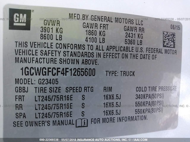 1GCWGFCF4F1265600 - 2015 CHEVROLET EXPRESS G2500  WHITE photo 9