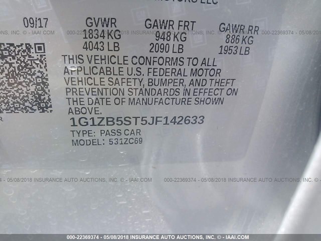 1G1ZB5ST5JF142633 - 2018 CHEVROLET MALIBU LS ვერცხლისფერი ფოტო 9