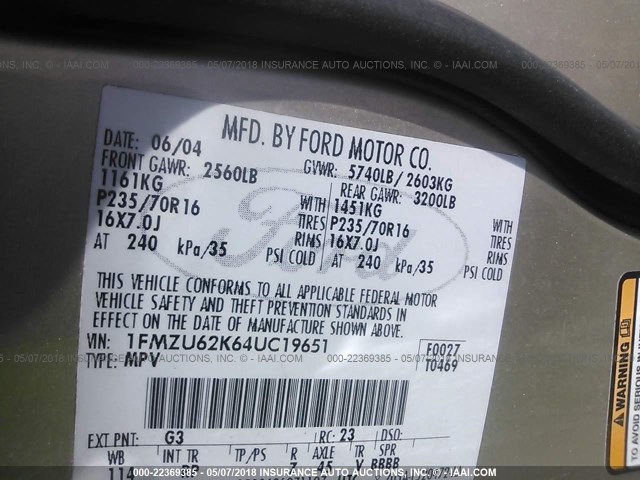 1FMZU62K64UC19651 - 2004 FORD EXPLORER XLS/XLS SPORT GOLD photo 9