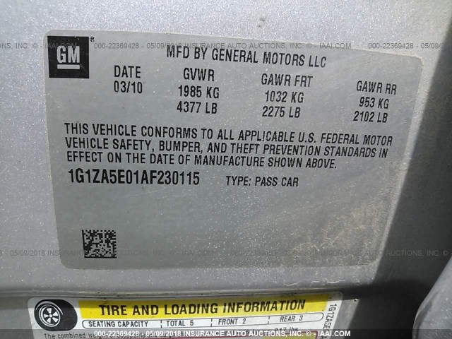 1G1ZA5E01AF230115 - 2010 CHEVROLET MALIBU LS ნაცრისფერი ფოტო 9