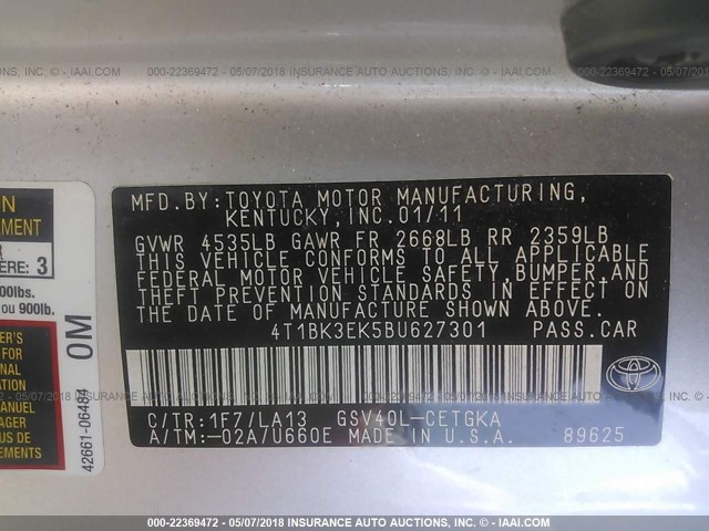 4T1BK3EK5BU627301 - 2011 TOYOTA CAMRY SE/LE/XLE ვერცხლისფერი ფოტო 9