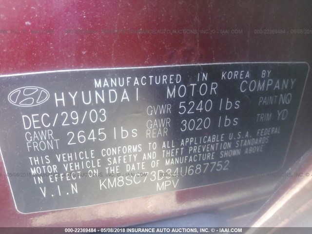 KM8SC73D34U687752 - 2004 HYUNDAI SANTA FE GLS/LX RED photo 9