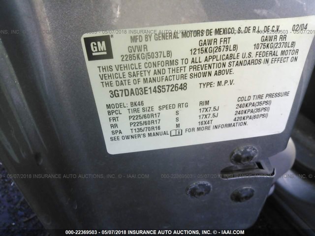 3G7DA03E14S572648 - 2004 PONTIAC AZTEK SILVER photo 9