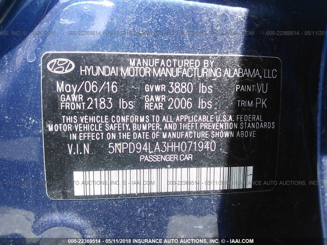 5NPD94LA3HH071940 - 2017 HYUNDAI ELANTRA ECO BLUE photo 9