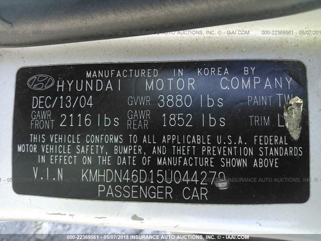 KMHDN46D15U044279 - 2005 HYUNDAI ELANTRA GLS/GT SILVER photo 9