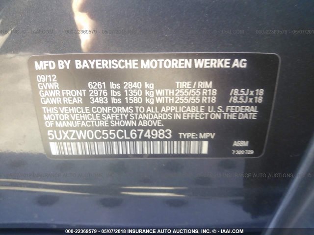 5UXZW0C55CL674983 - 2012 BMW X5 XDRIVE35D GRAY photo 9