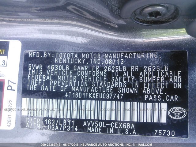 4T1BD1FKXEU097747 - 2014 TOYOTA CAMRY HYBRID/LE/XLE 灰色 照片 9