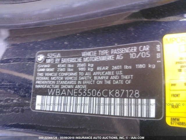WBANE53506CK87128 - 2006 BMW 525 I Dark Blue photo 9