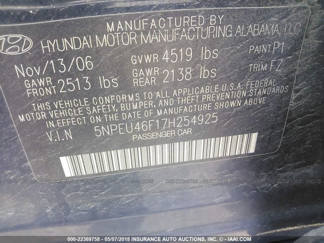 5NPEU46F17H254925 - 2007 HYUNDAI SONATA SE/LIMITED BLUE photo 9