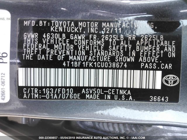 4T1BF1FK1CU038674 - 2012 TOYOTA CAMRY SE/LE/XLE GRAY photo 9