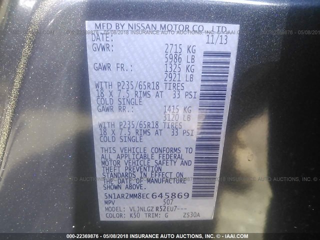 5N1AR2MM8EC645869 - 2014 NISSAN PATHFINDER S/SV/SL/PLATINUM 灰色 照片 9