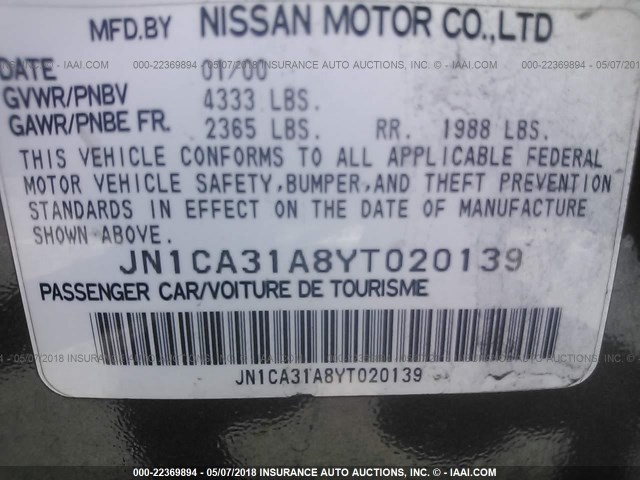 JN1CA31A8YT020139 - 2000 NISSAN MAXIMA GLE/GXE/SE GRAY photo 9