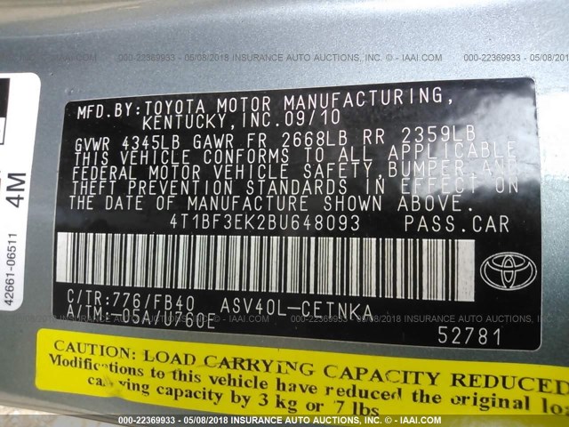 4T1BF3EK2BU648093 - 2011 TOYOTA CAMRY SE/LE/XLE GREEN photo 9