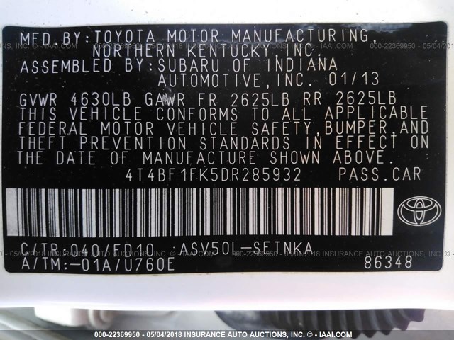 4T4BF1FK5DR285932 - 2013 TOYOTA CAMRY L/SE/LE/XLE 白色 照片 9