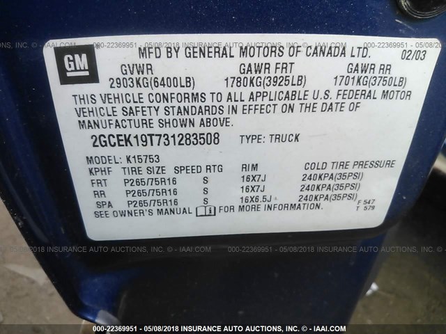 2GCEK19T731283508 - 2003 CHEVROLET SILVERADO K1500 BLUE photo 9