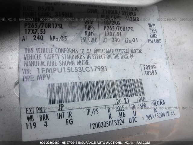 1FMPU15L53LC17991 - 2003 FORD EXPEDITION XLT Gümüş foto 9