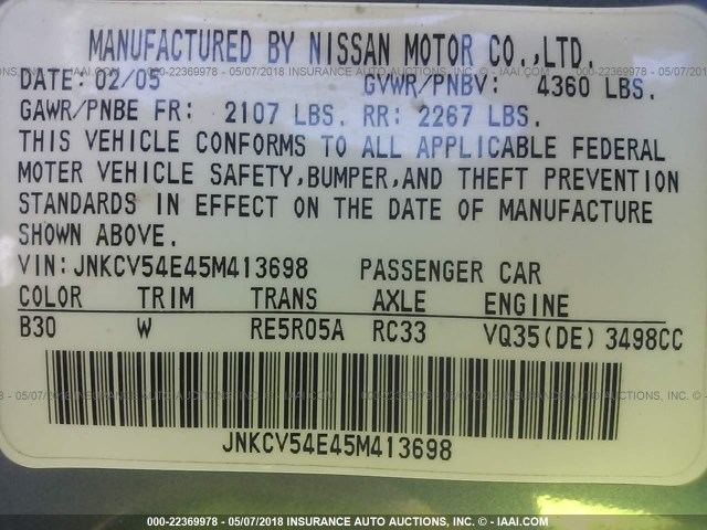 JNKCV54E45M413698 - 2005 INFINITI G35 浅蓝色 照片 9