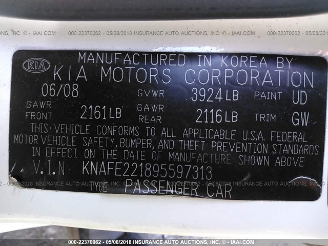 KNAFE221895597313 - 2009 KIA SPECTRA EX/LX/SX WHITE photo 9